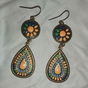 Dangle earrings - painted green, blue and green